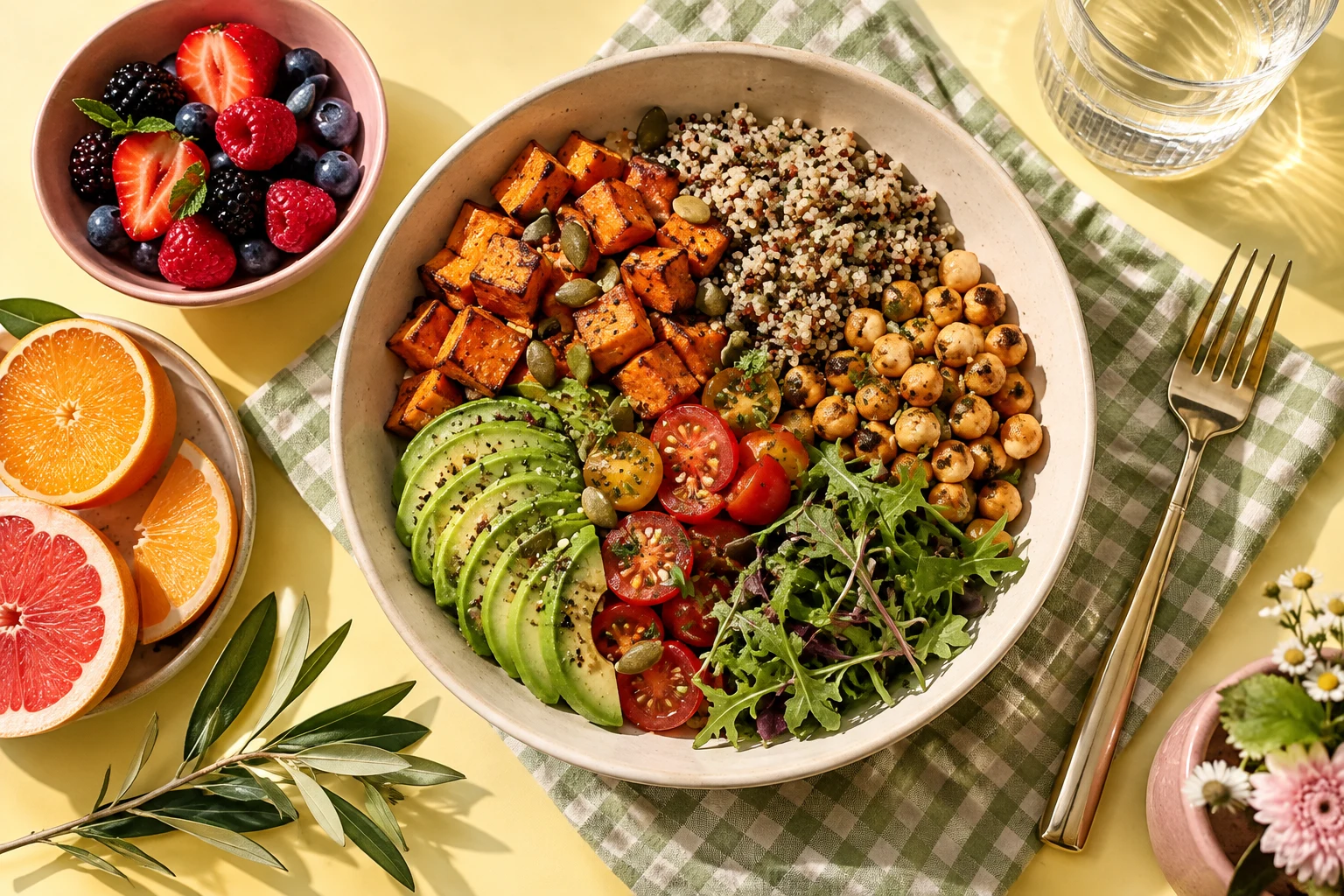 Comidas variadas con vegetales, cereales y legumbres